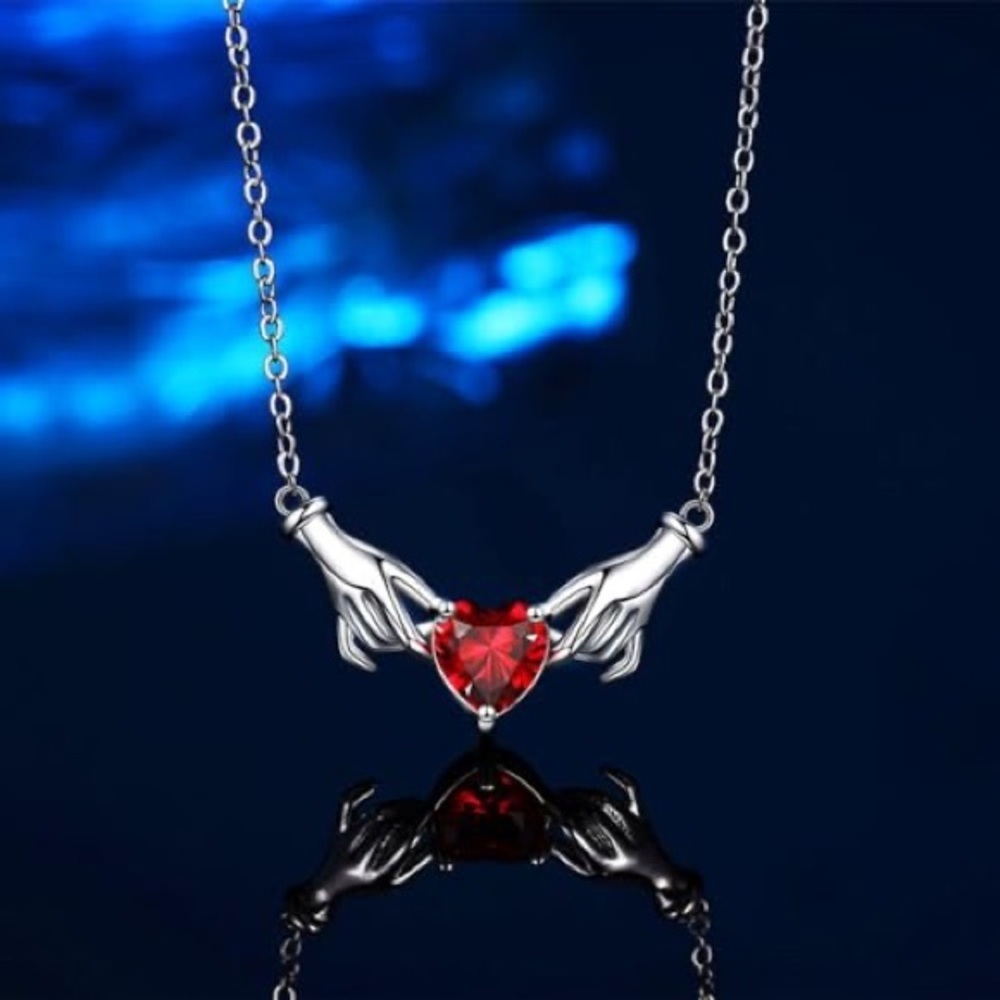 18K White Gold (Rhodium) Claddagh Inspired Hands Holding Gemstone Heart Necklace - Picture 2 of 7